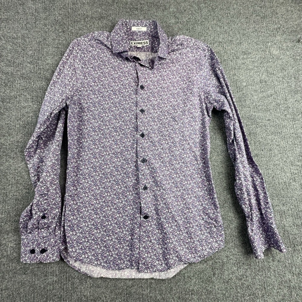 Express Shirt Mens Small Blue Floral Long Sleeve Button Front Slim Fit Cotton